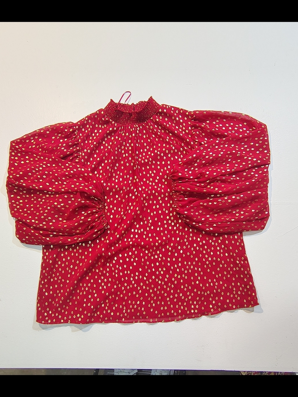MSK Red Blouse with Gold Dot Accents and Statement Puff Sleeves